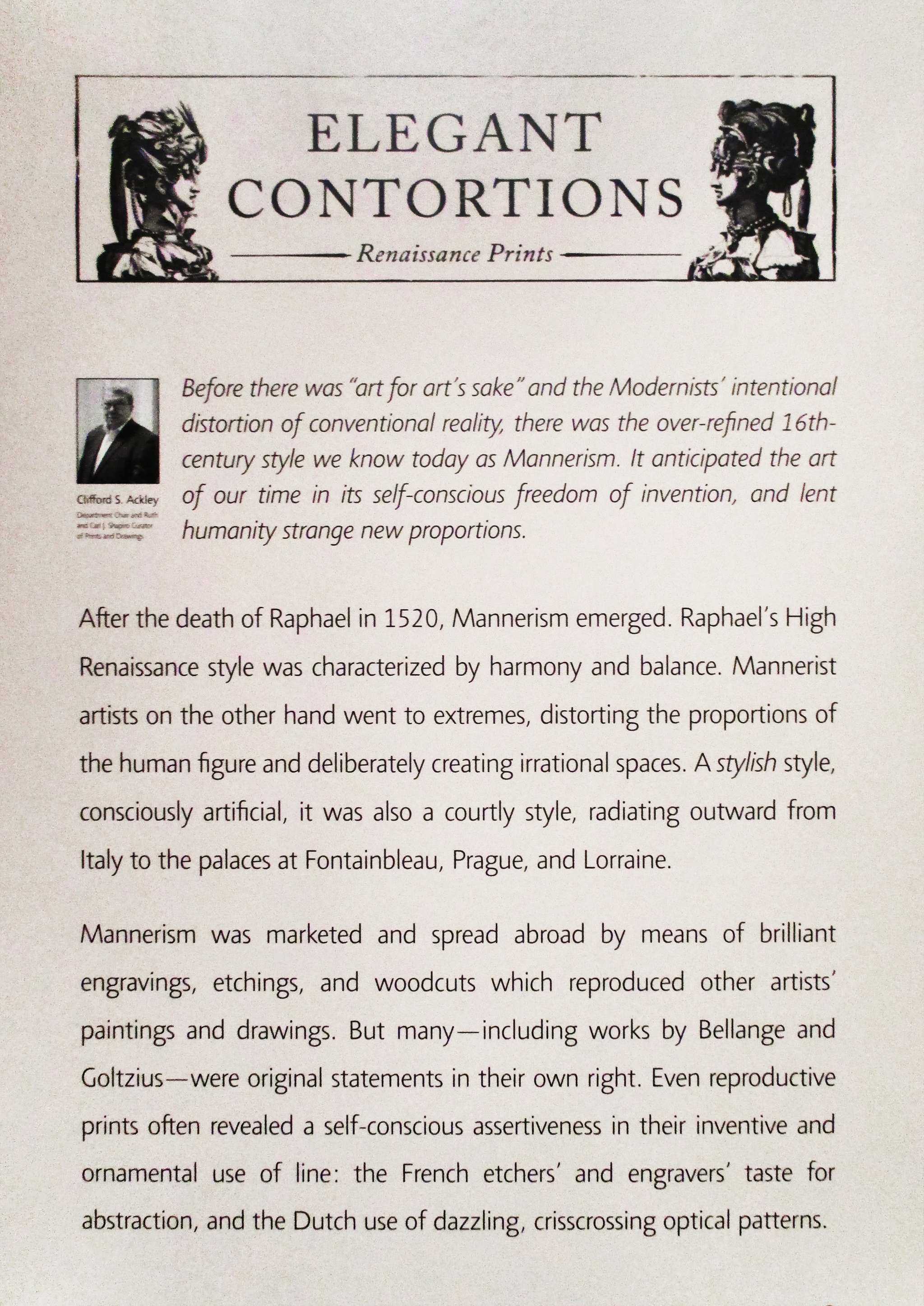 Introductory panel for the MFA exhibition Elegant Contortions