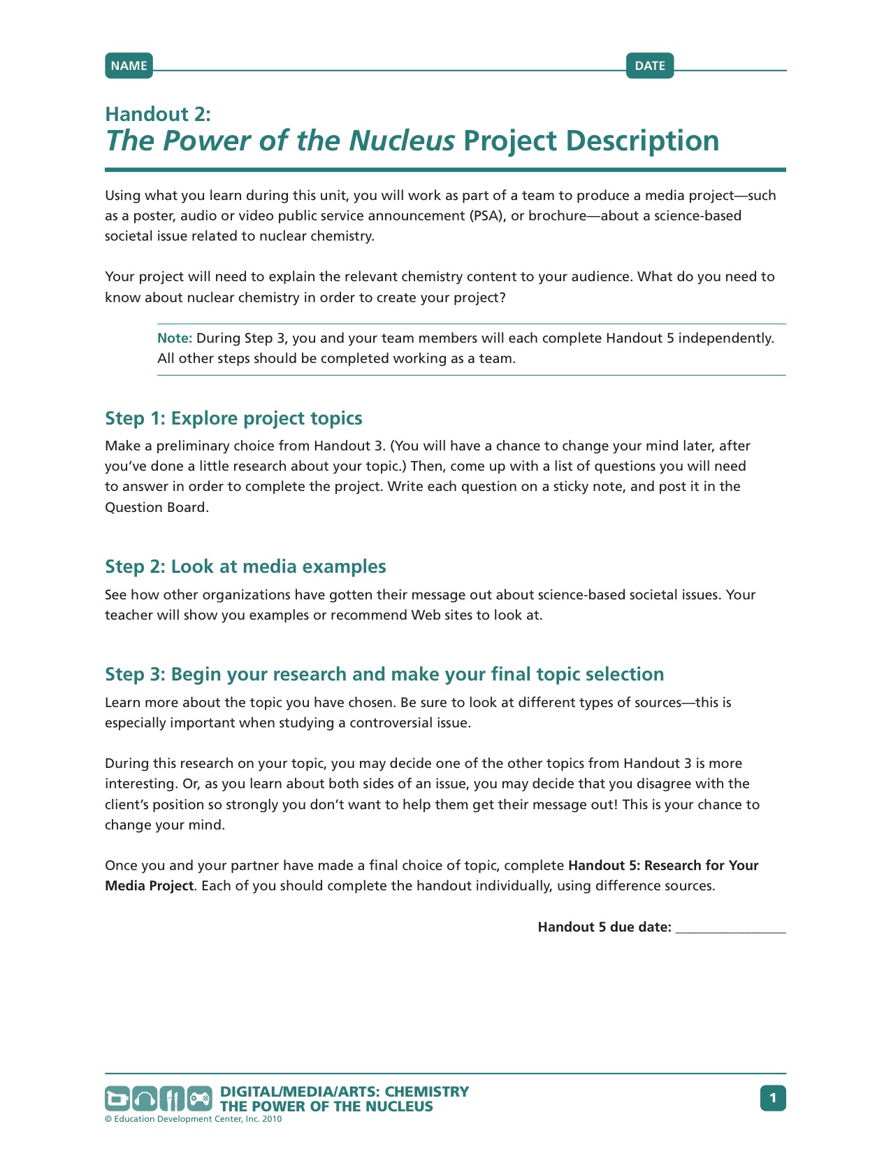 Student handout from "The Power of the Nucleus" describing the unit project