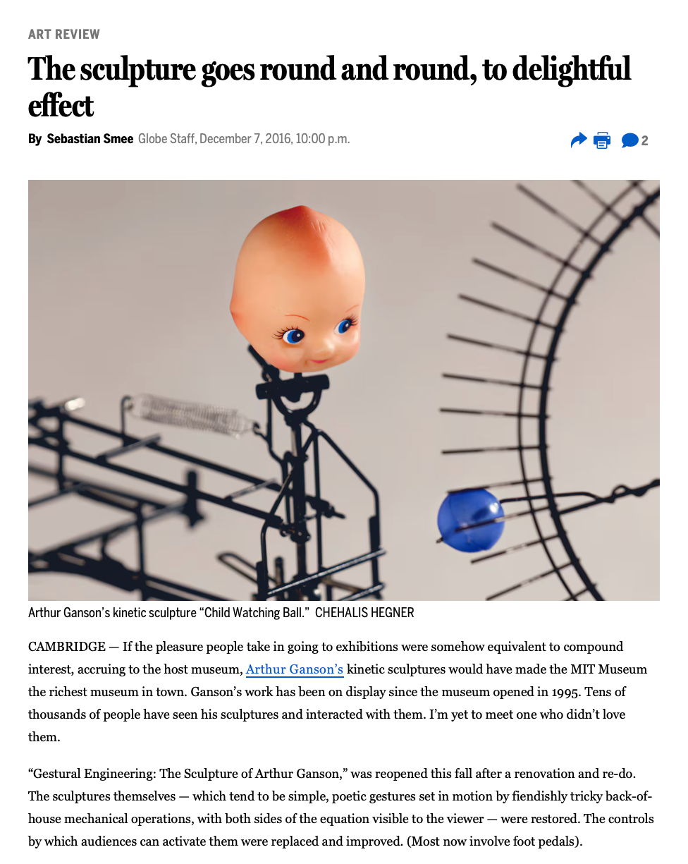 Screenshot of Boston Globe review of the Arthur Ganson exhibition