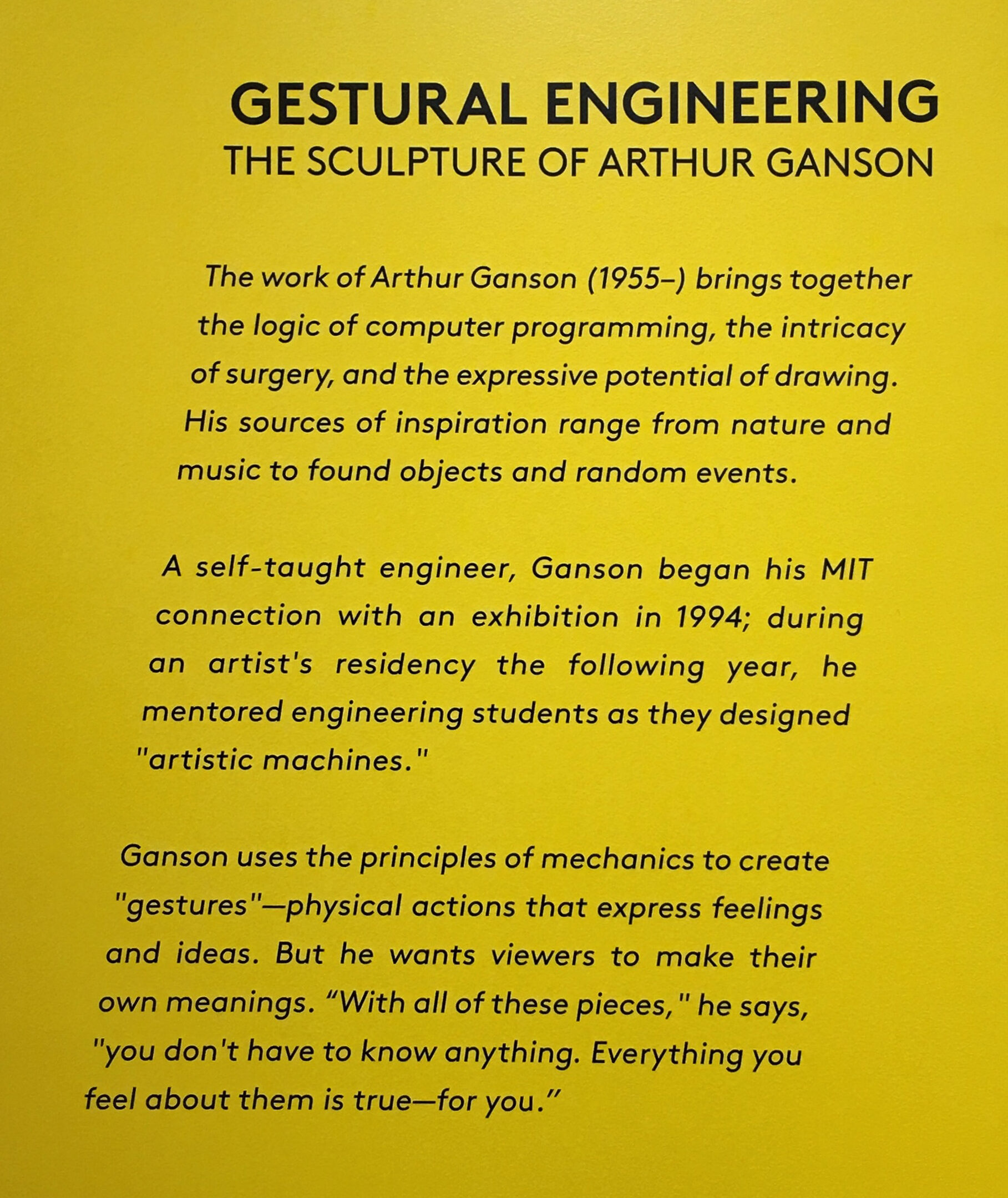 Introductory label text for "Gestural Engineering: The Sculpture of Arthur Ganson"