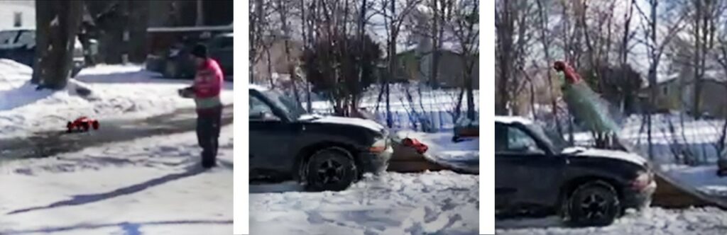 Series of three photographs showing a person controlling and RC car, the car traveling up a ramp, and the car in the air