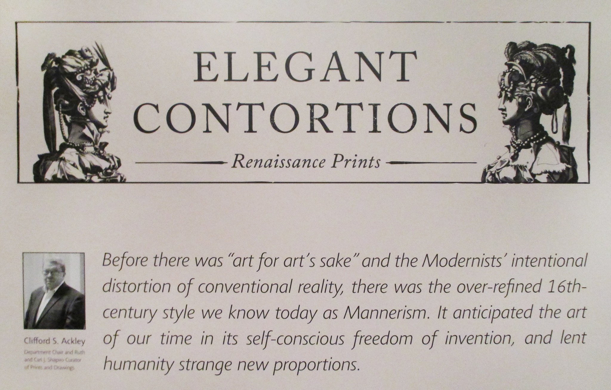 Photograph of first paragraph of introductory panel for the exhibition Elegant Contortions