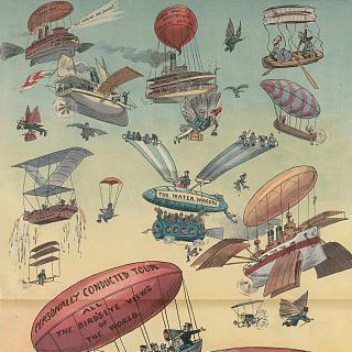 Cropped selection; original illustration shows a variety of boats and ships as balloon aircraft loaded with tourists and travelers floating above the Panama Canal; it is suggested that the age of aviation will render the canal obsolete